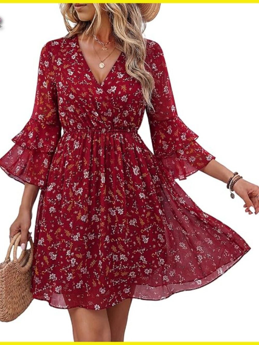 Floral Boho Chiffon Maxi Dress With Ruffle Sleeves V-Neck A-Line Casual